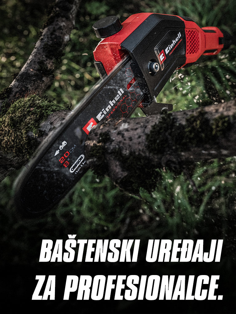 Crvena aku lančana testera seče granu, uz tekst "Baštenski uređaji za profesionalce".