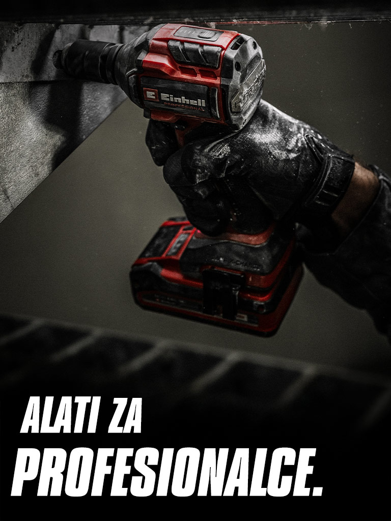 Ruka drži crveni aku udarni odvijač u upotrebi na metalnom nosaču, uz tekst "Alati za profesionalce".