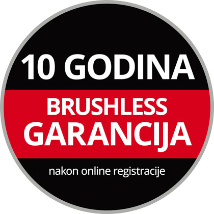 Okrugli logo garancije sa natpisom „10 godina Brushless garancije, uz online registraciju“ na crnoj i crvenoj pozadini.