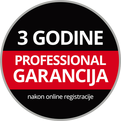 Okrugli logo garancije sa natpisom „3 godine Professional garancije, uz online registraciju“ na crnoj i crvenoj pozadini.