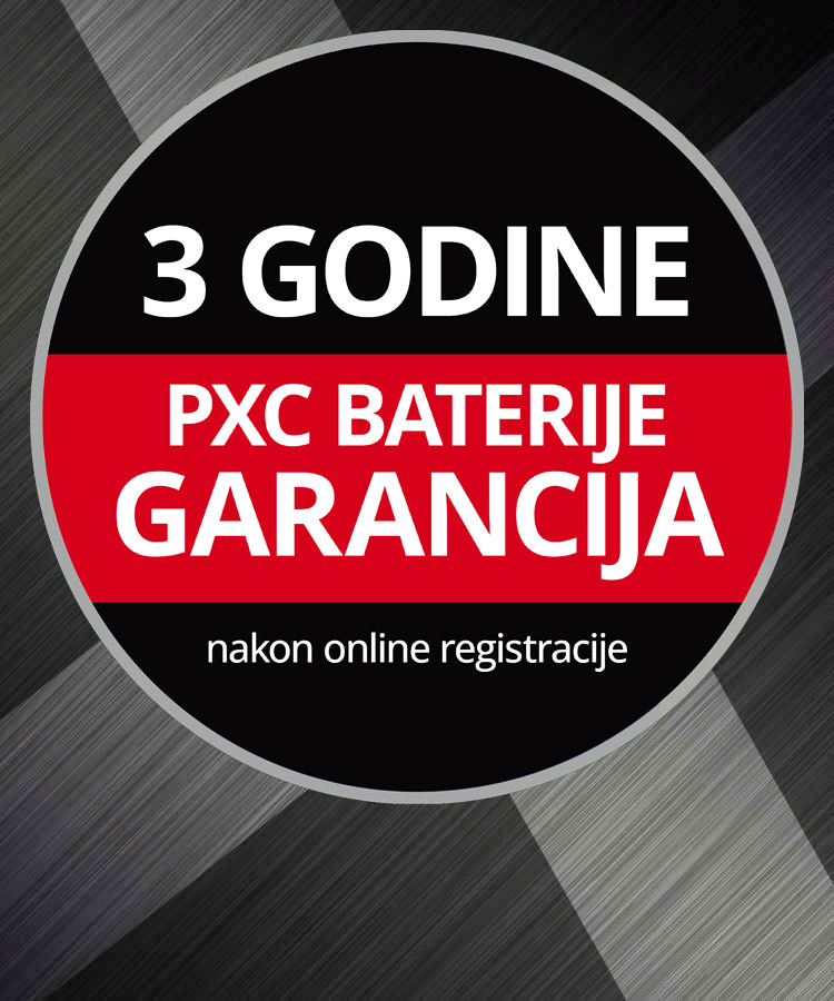 Okrugli logo garancije sa tekstom "3 godine garancije na baterije, nakon online registracije" na sivoj pozadini.