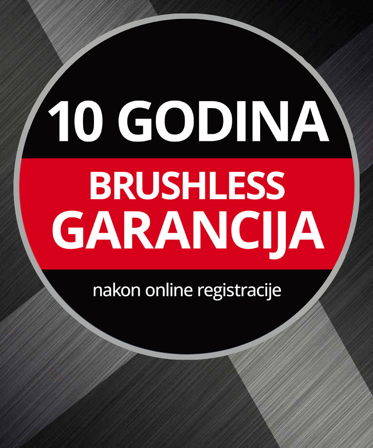 Okrugli logo garancije sa tekstom "10 godina Brushless garancije, nakon online registracije" na crnoj i crvenoj pozadini.