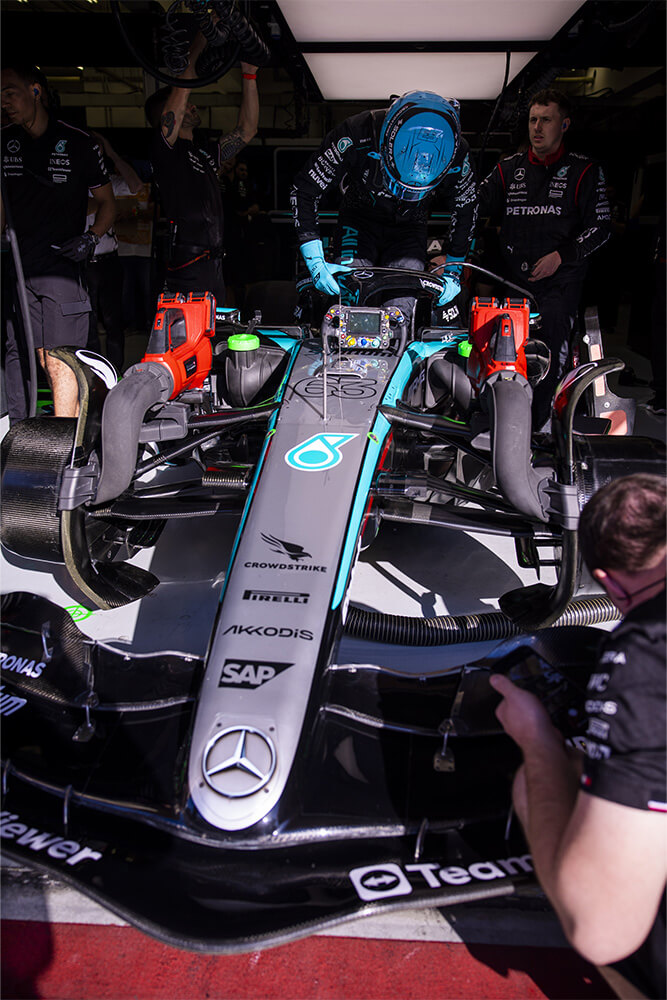 Einhell tools placed onto the formula 1 mercedes race car.