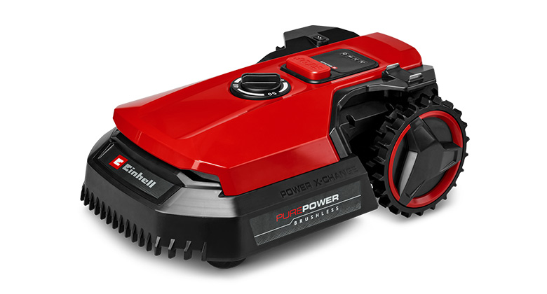 Robotska kosilica Einhell FREELEXO 500 u crvenoj boji sa crnim akcentima, velikim točkovima i elegantnim, modernim dizajnom.