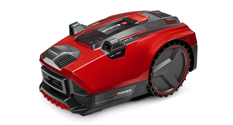 Robotska kosilica Einhell FREELEXO CAM PLUS 600 u crvenoj boji, sa velikim točkovima, kamerama i natpisom „Pure Power Brushless“.